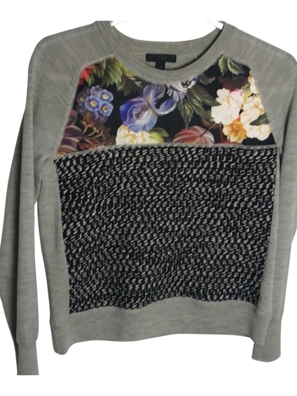 J. Crew Merino Wool Floral Colorblock Sweater Gray Crew Neck Women’s Size XS